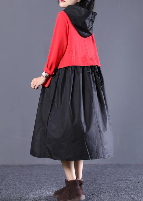 Classy Hooded Patchwork Spring Tunic Dress Photography Red Black Art Dress