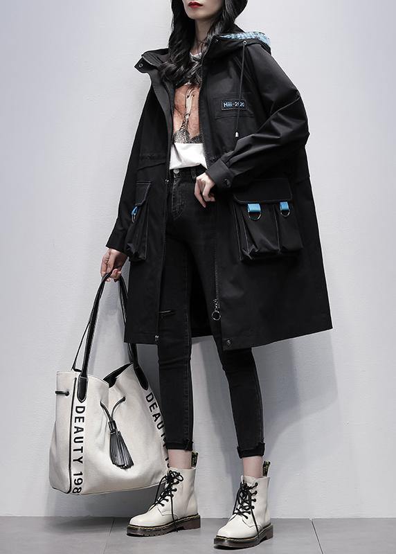 Classy Hooded Zippered Fine Outwear Black Letter Midi Coats