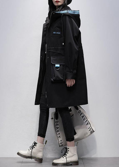 Classy Hooded Zippered Fine Outwear Black Letter Midi Coats