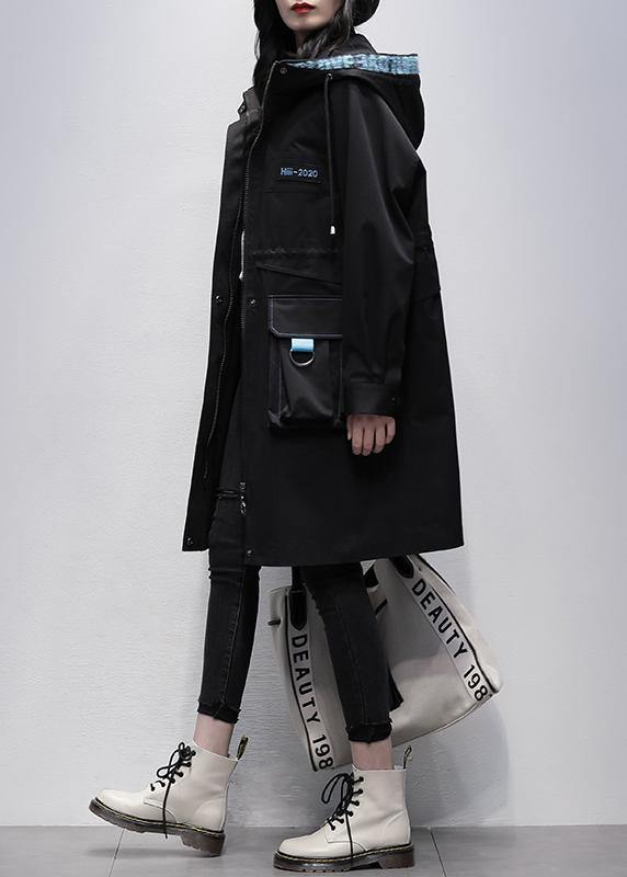 Classy Hooded Zippered Fine Outwear Black Letter Midi Coats