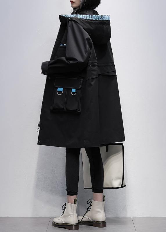 Classy Hooded Zippered Fine Outwear Black Letter Midi Coats