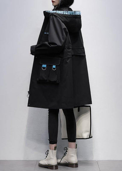 Classy Hooded Zippered Fine Outwear Black Letter Midi Coats