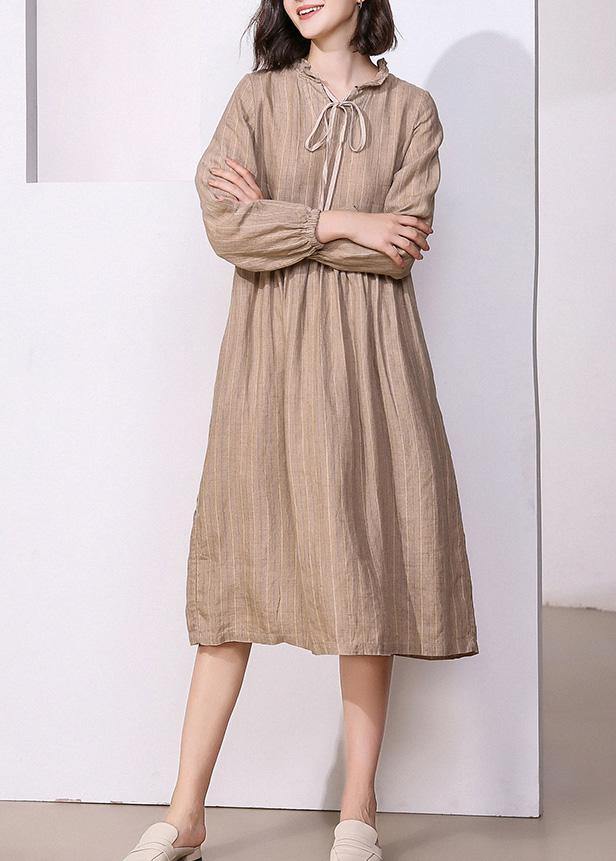 Classy Khaki Linen Dresses V Neck Robe High Neck Dresses