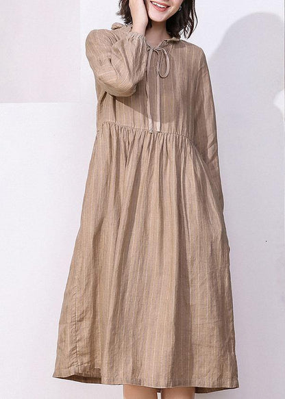 Classy Khaki Linen Dresses V Neck Robe High Neck Dresses