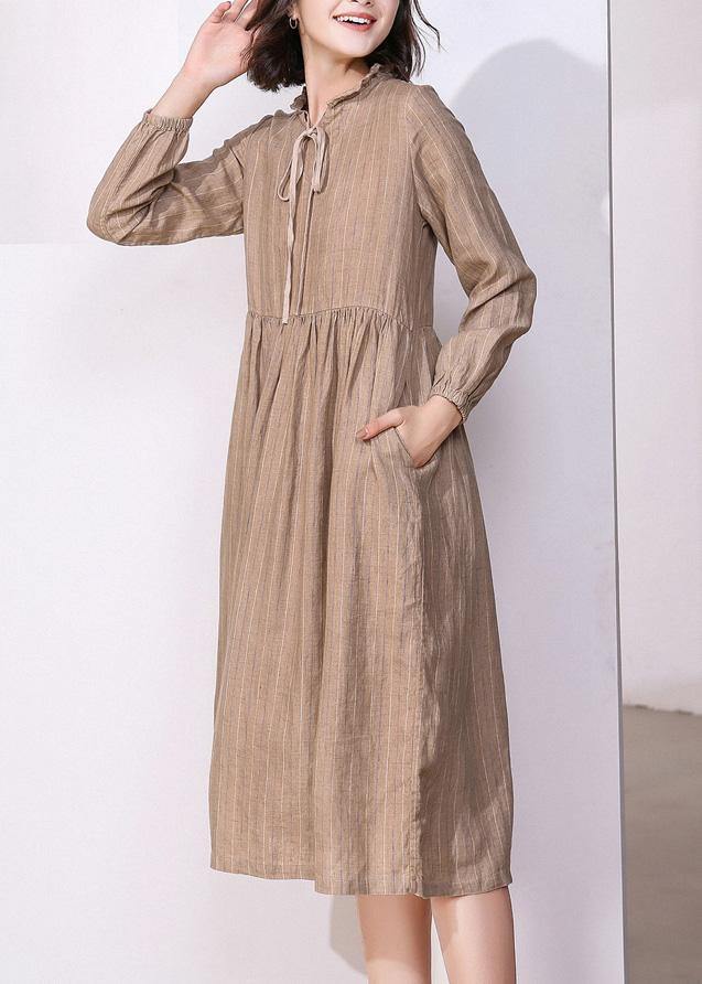 Classy Khaki Linen Dresses V Neck Robe High Neck Dresses