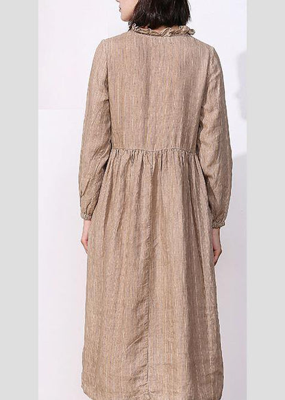 Classy Khaki Linen Dresses V Neck Robe High Neck Dresses
