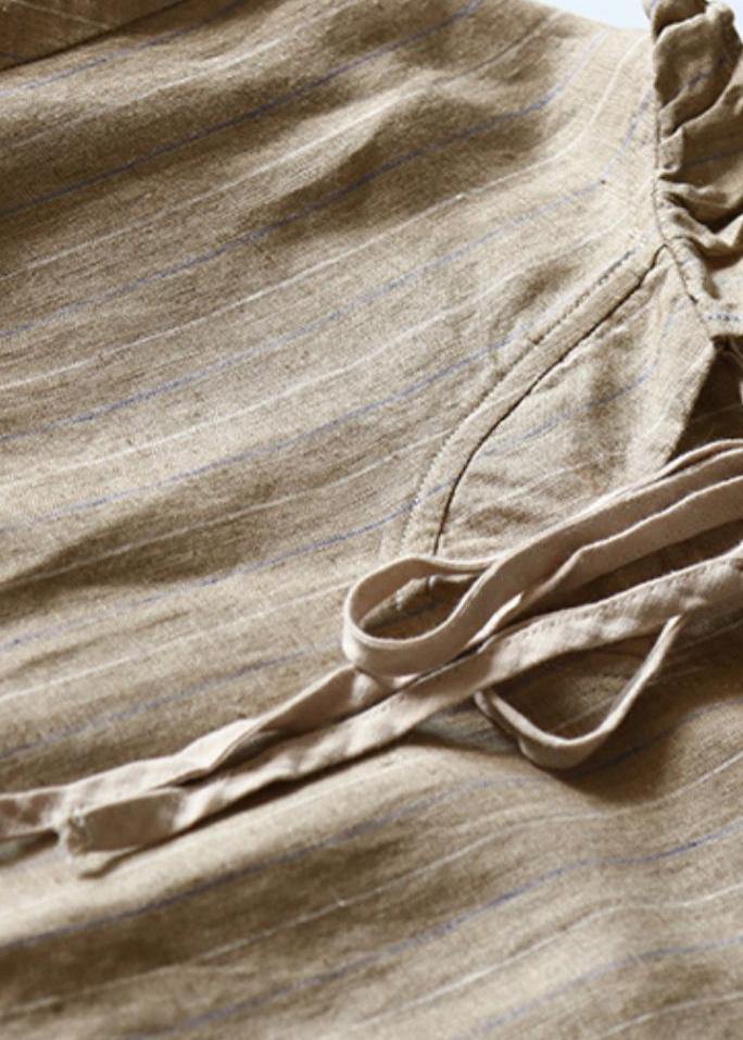 Classy Khaki Linen Dresses V Neck Robe High Neck Dresses
