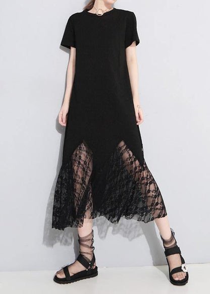 Classy Lace Patchwork Cotton Tunic Dress Outfits Black Art Dress Summer Hollow Out