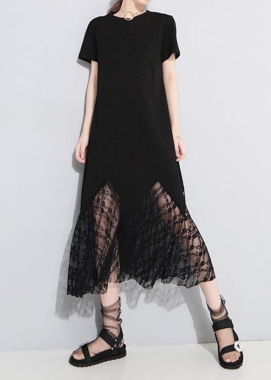 Classy Lace Patchwork Cotton Tunic Dress Outfits Black Art Dress Summer Hollow Out