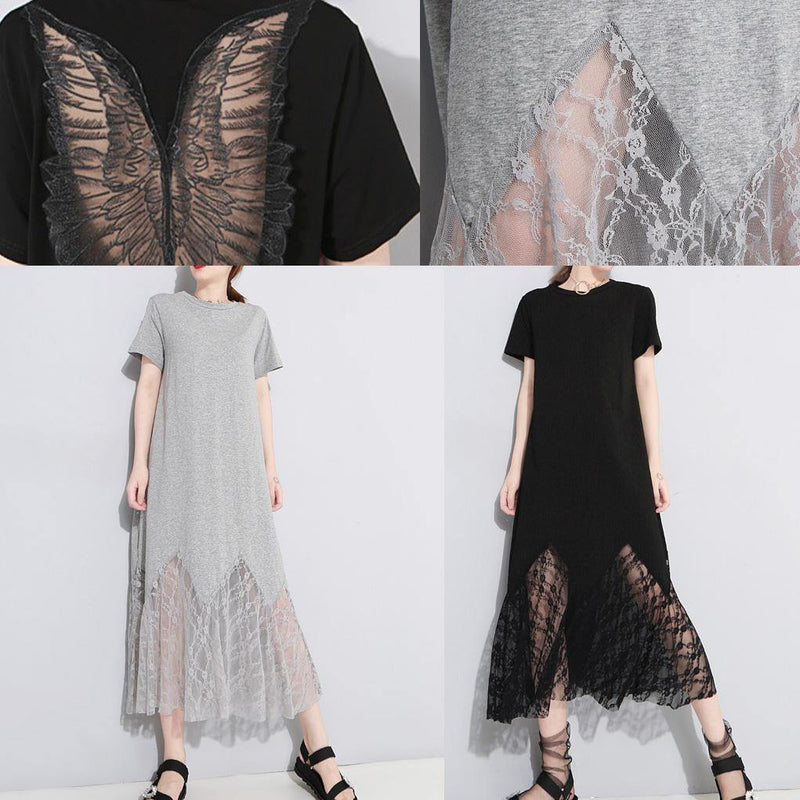 Classy Lace Patchwork Cotton Tunic Dress Outfits Black Art Dress Summer Hollow Out