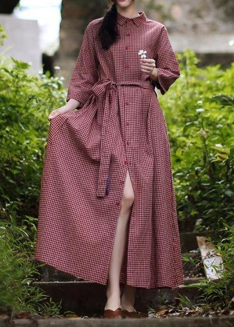 Classy Lapel Tie Waist Spring Dresses Shape Red Plaid Dress