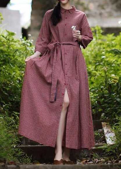 Classy Lapel Tie Waist Spring Dresses Shape Red Plaid Dress