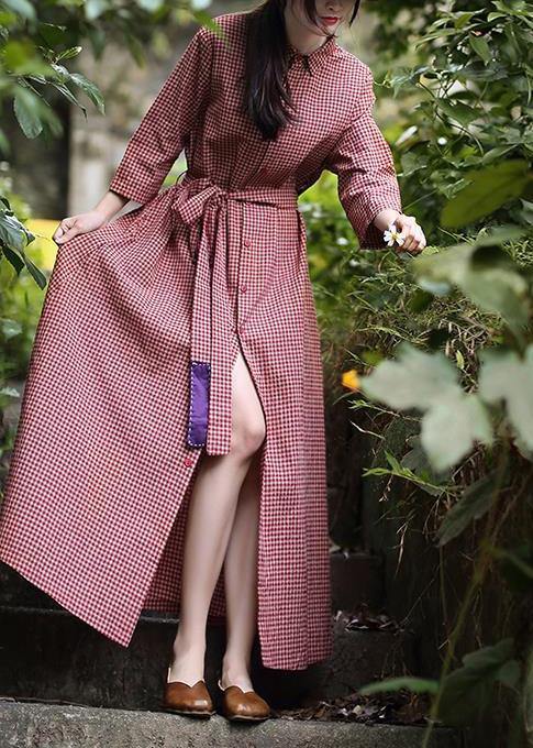 Classy Lapel Tie Waist Spring Dresses Shape Red Plaid Dress