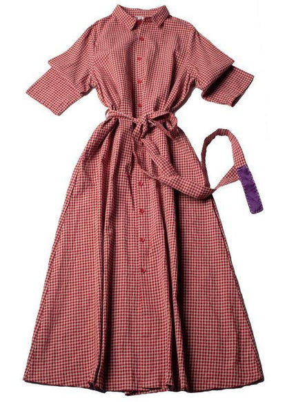 Classy Lapel Tie Waist Spring Dresses Shape Red Plaid Dress