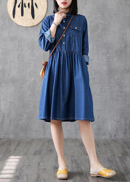 Classy Lapel Cinched Cotton Quilting Clothes Photography Denim Blue Dress