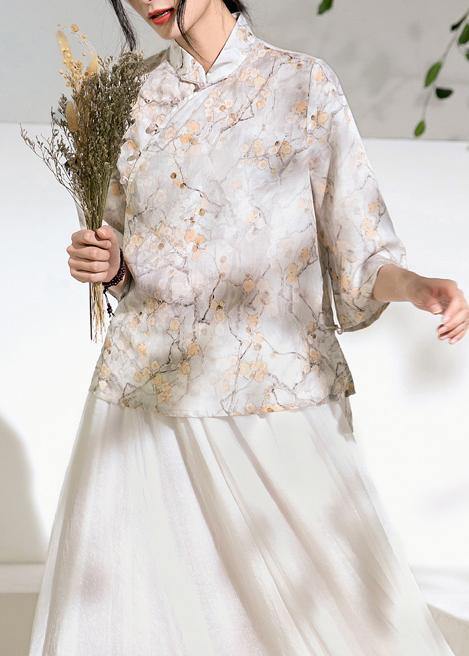 Classy Light Gray Linen Long Shirts Flare Sleeve Silhouette Stand Collar Shirts