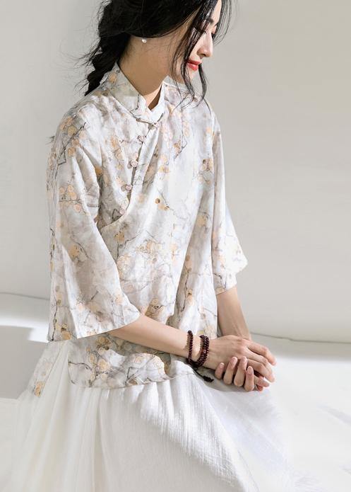 Classy Light Gray Linen Long Shirts Flare Sleeve Silhouette Stand Collar Shirts