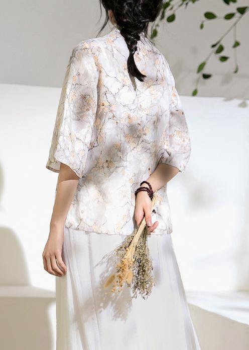 Classy Light Gray Linen Long Shirts Flare Sleeve Silhouette Stand Collar Shirts