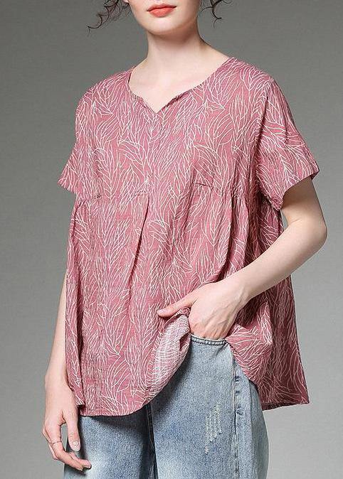 Classy Linen Clothes for Split Neck Red Printed Pleated Short Sleeve T-shirt