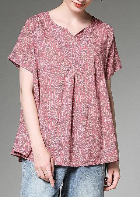 Classy Linen Clothes for Split Neck Red Printed Pleated Short Sleeve T-shirt
