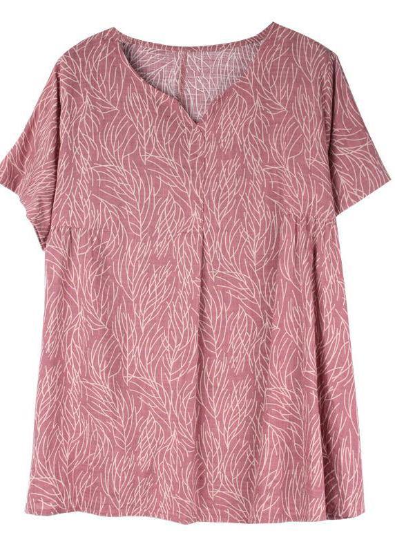 Classy Linen Clothes for Split Neck Red Printed Pleated Short Sleeve T-shirt
