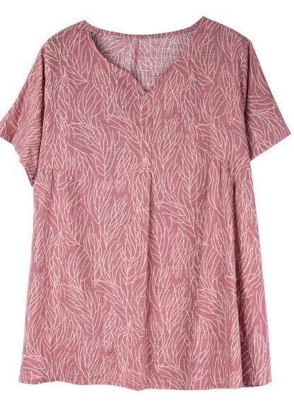 Classy Linen Clothes for Split Neck Red Printed Pleated Short Sleeve T-shirt