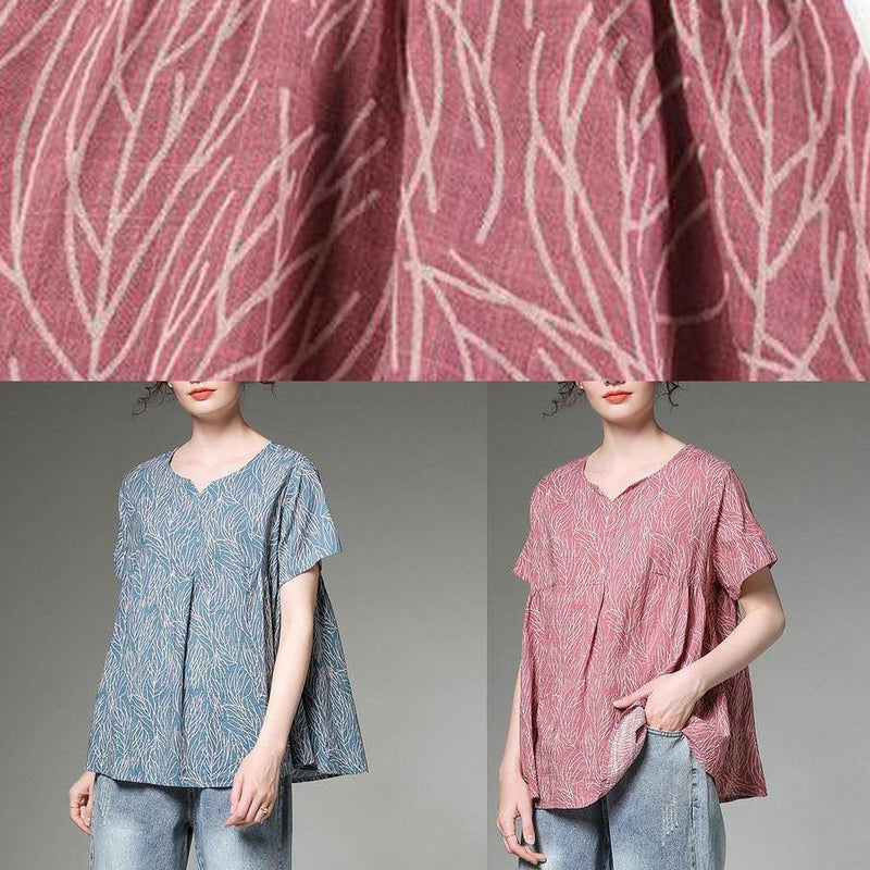 Classy Linen Clothes for Split Neck Red Printed Pleated Short Sleeve T-shirt