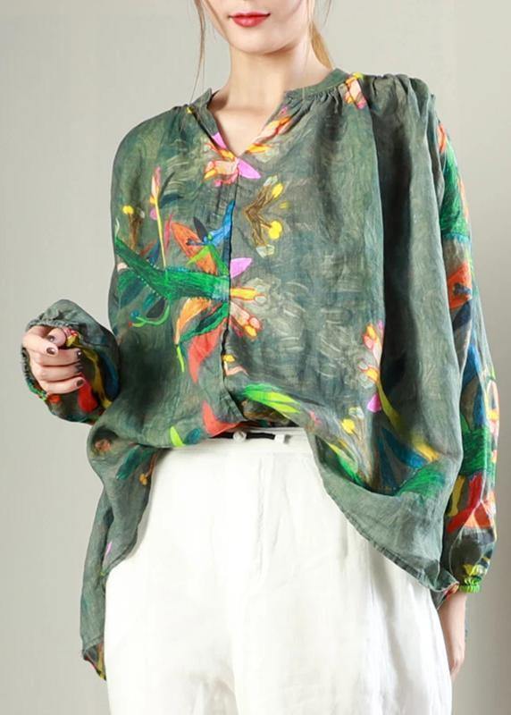Classy linen crane tops plus size Simple V-Neck Print Long Sleeve Blouse