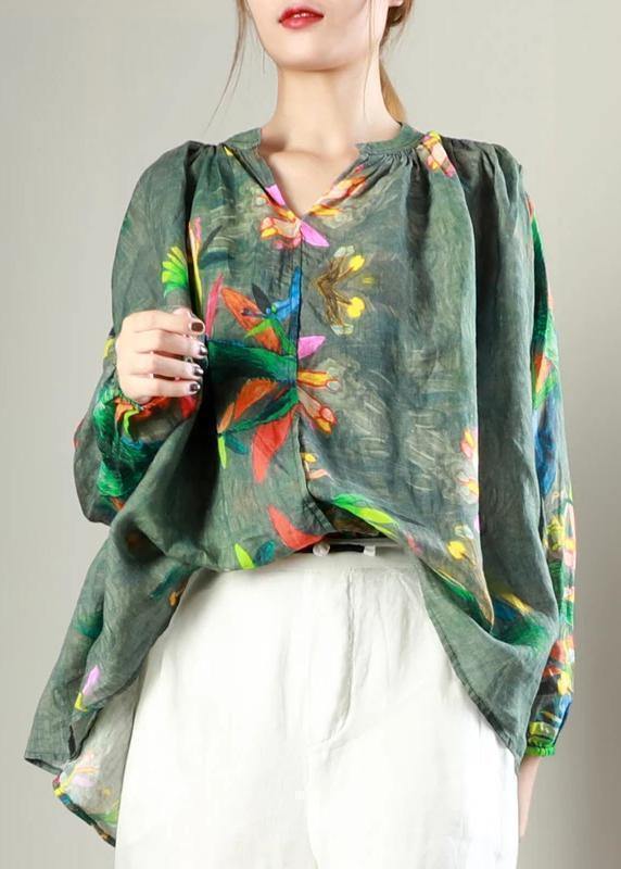 Classy Linen Crane Tops Simple V-neck Print Long Sleeve Blouse