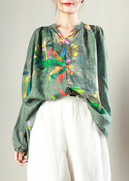 Classy linen crane tops plus size Simple V-Neck Print Long Sleeve Blouse