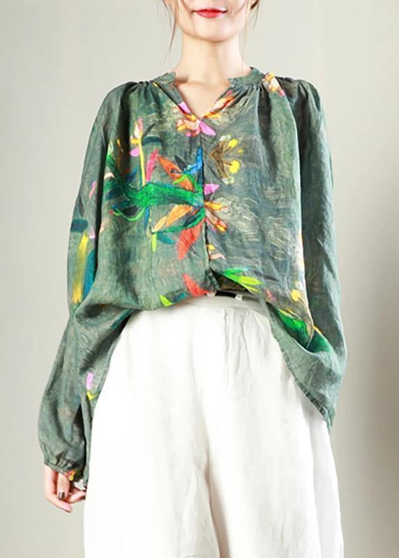 Classy Linen Crane Tops Simple V-neck Print Long Sleeve Blouse