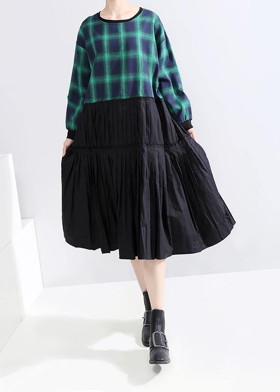 Classy Long Sleeve Cotton Clothes Photography Green Plaid Patchwork Dresses