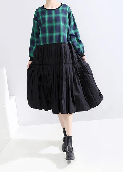 Classy Long Sleeve Cotton Clothes Photography Green Plaid Patchwork Dresses