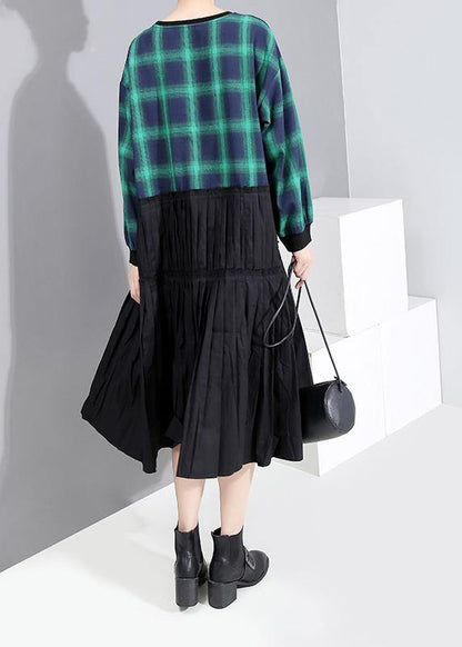 Classy Long Sleeve Cotton Clothes Photography Green Plaid Patchwork Dresses