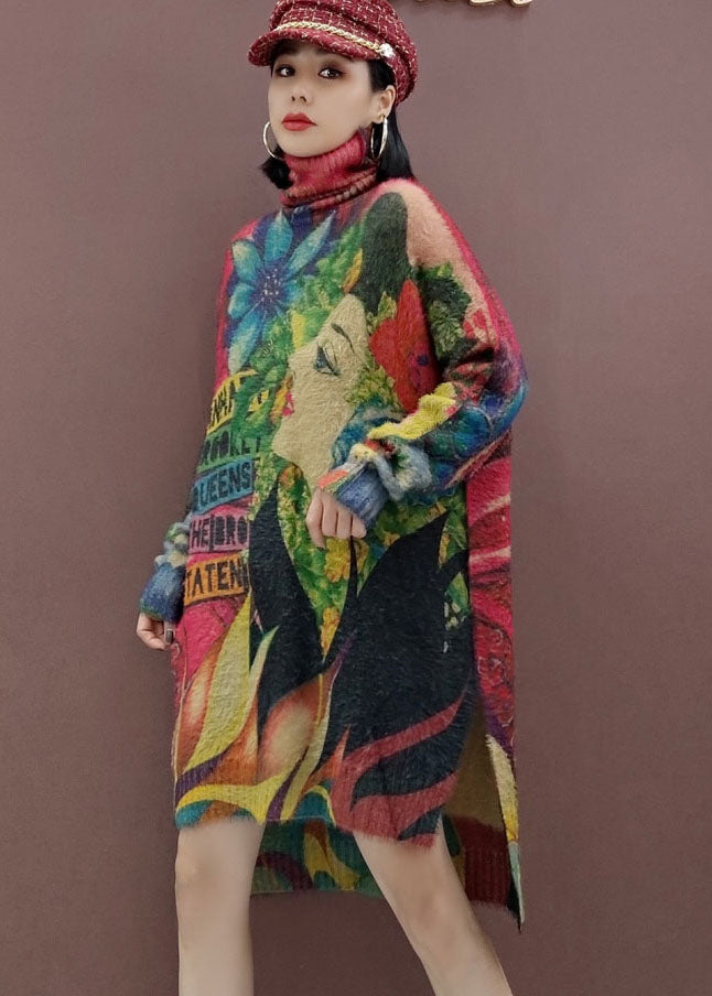 Classy Low High Design Turtle Neck Beauty Print Knit Dress Spring