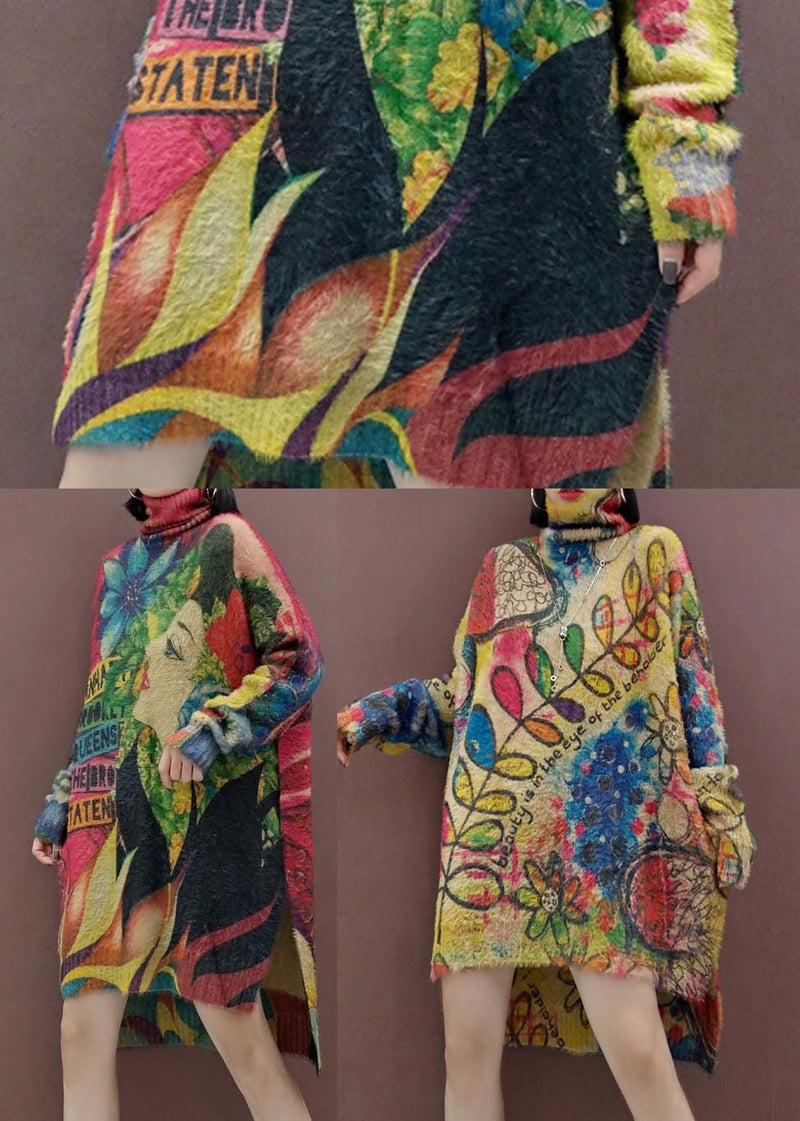 Classy Low High Design Turtle Neck Beauty Print Knit Dress Spring