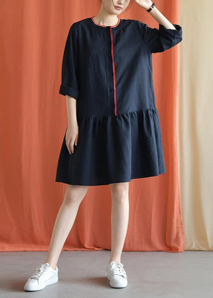 Classy Navy Linen Clothes Bracelet Sleeved Oversized Fall Dresses