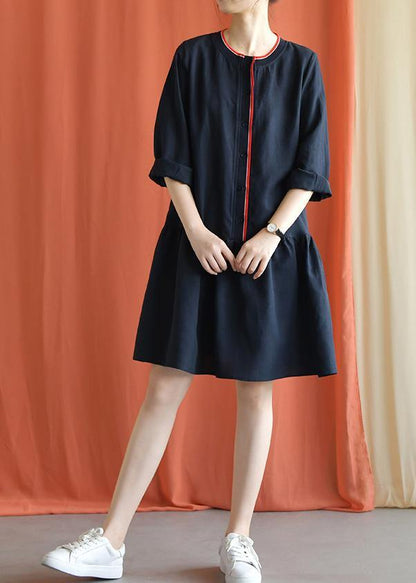 Classy Navy Linen Clothes Bracelet Sleeved Oversized Fall Dresses