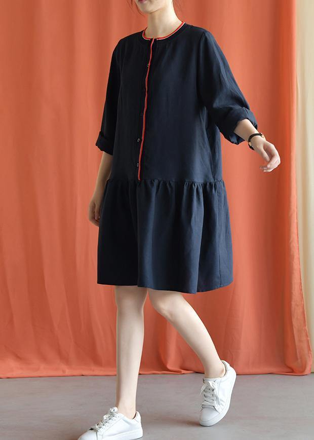 Classy Navy Linen Clothes Bracelet Sleeved Oversized Fall Dresses