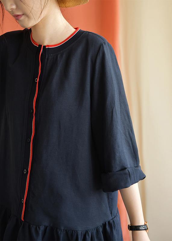 Classy Navy Linen Clothes Bracelet Sleeved Oversized Fall Dresses