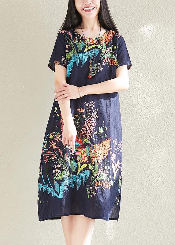 Classy Navy Prints Cotton Tunics Short Sleeve Oversized Summer Dresses