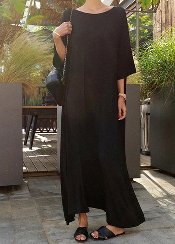 Classy O Neck Batwing Sleeve Cotton Dresses Black Cotton Robes Dresses