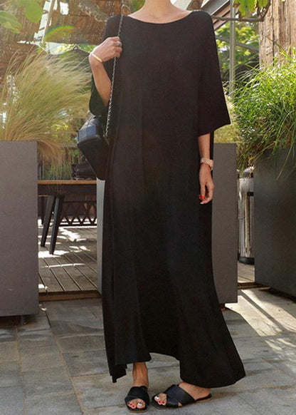 Classy O Neck Batwing Sleeve Cotton Dresses Black Cotton Robes Dresses