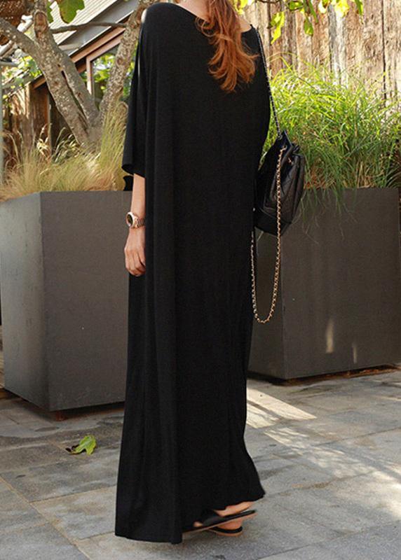 Classy O Neck Batwing Sleeve Cotton Dresses Black Cotton Robes Dresses