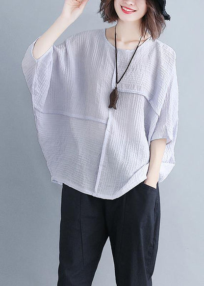 Classy O Neck Batwing Sleeve Patchwork Cotton Blended Shirts Design Gray Purple Baggy Tops Summer