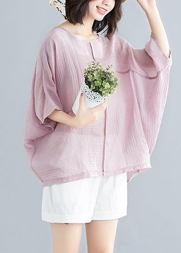 Classy O Neck Batwing Sleeve Patchwork Cotton Blended Tops Blouses Outfits Pink Short Blouse Summer