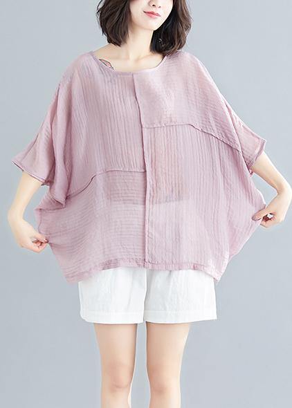 Classy O Neck Batwing Sleeve Patchwork Cotton Blended Tops Blouses Outfits Pink Short Blouse Summer