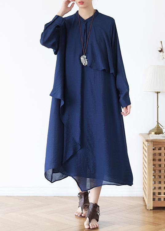Classy O Neck Asymmetric Fall for Long Sleeve Blue Long Dresses