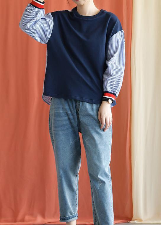 Classy o neck cotton clothes For Women Tops blue patchwork striped blouse fall