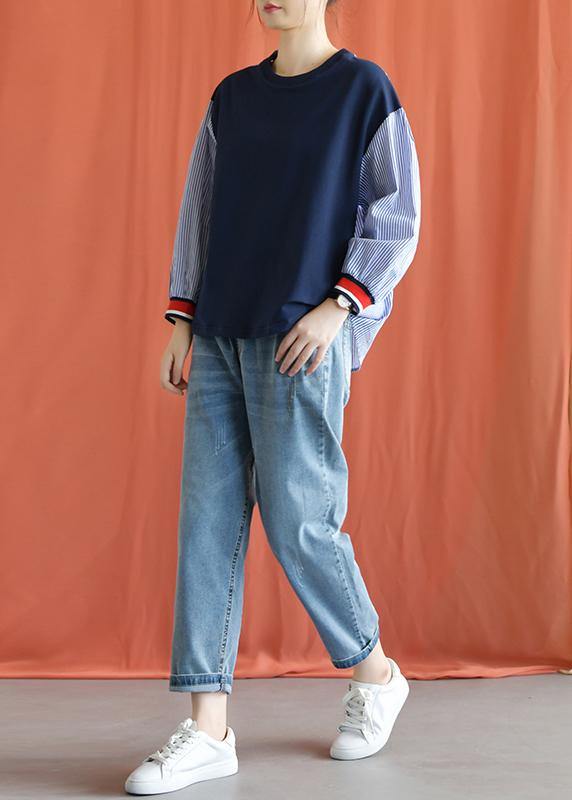 Classy O Neck Cotton Clothes for Tops Blue Patchwork Striped Blouse Fall